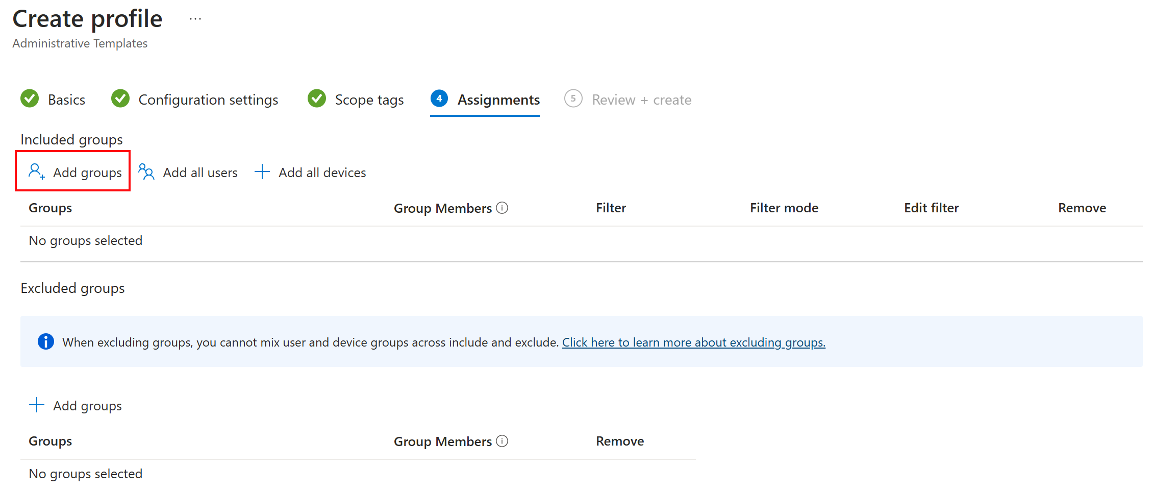 Screenshot of Assign or deploy the ADMX policy template to users or groups in Microsoft Intune and Intune admin center.