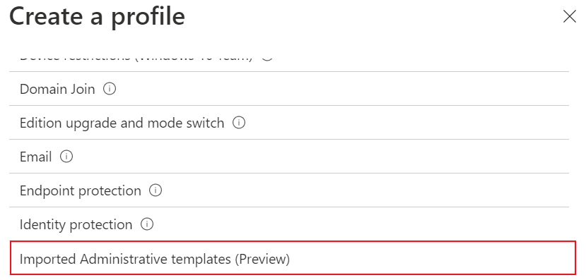 Screenshot that shows how to select imported administrative templates to create a device configuration profile using the imported ADMX settings in the Microsoft Intune admin center.