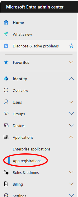 Screenshot of Entra admin center app registrations menu location.