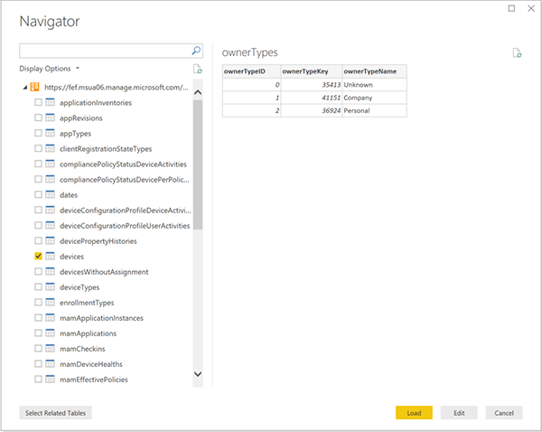 Screenshot of the Navigator - The list of Data Warehouse tables.