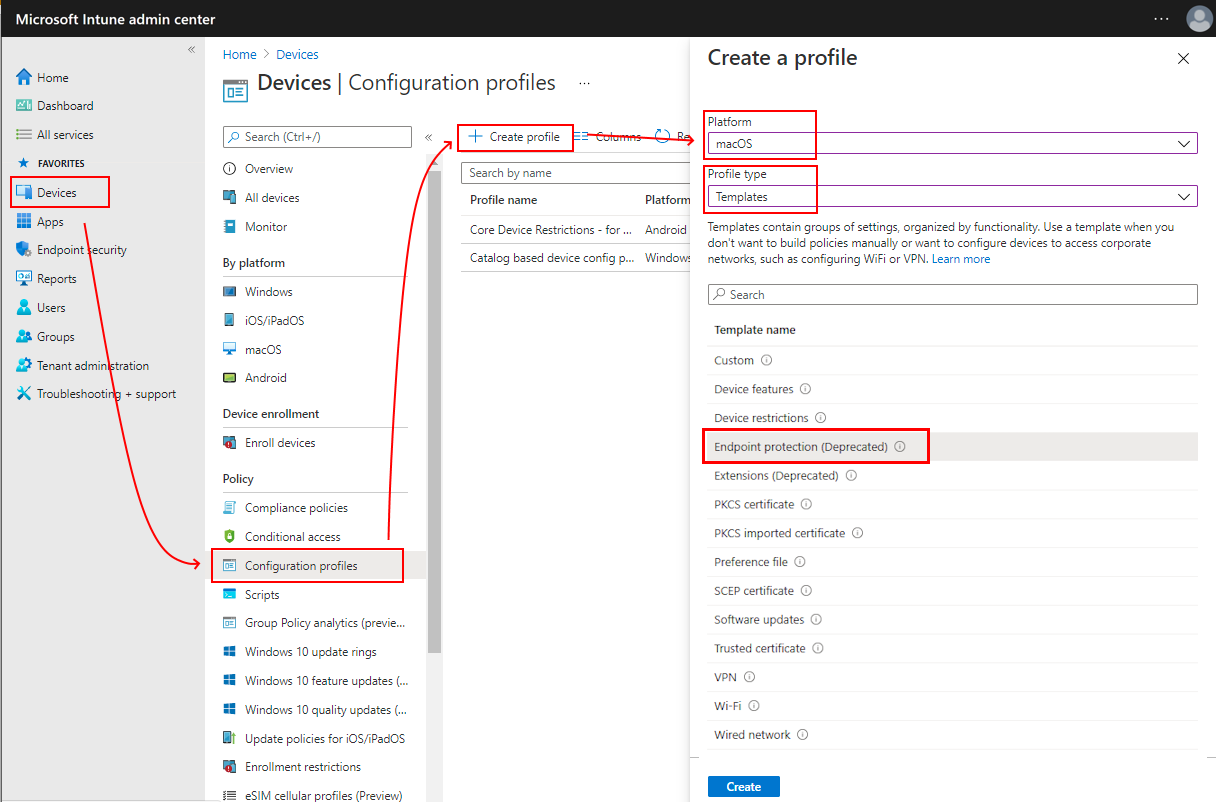 Screen shot that displays the the Endpoint protection profile.