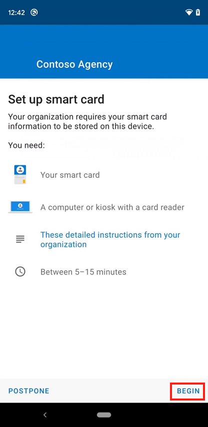 Screenshot of the Intune app Set up mobile smart card access screen.