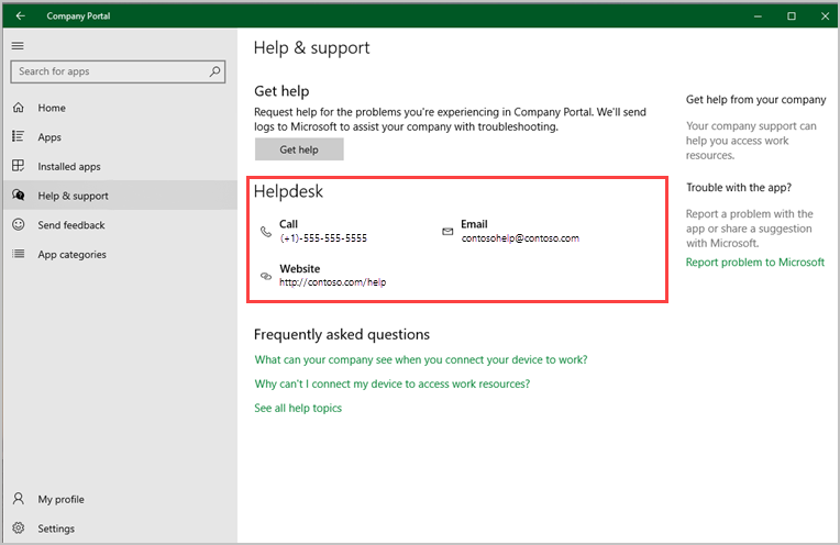 Screenshot of the Company Portal app for Windows, Help & Support page, highlighting the Helpdesk section.