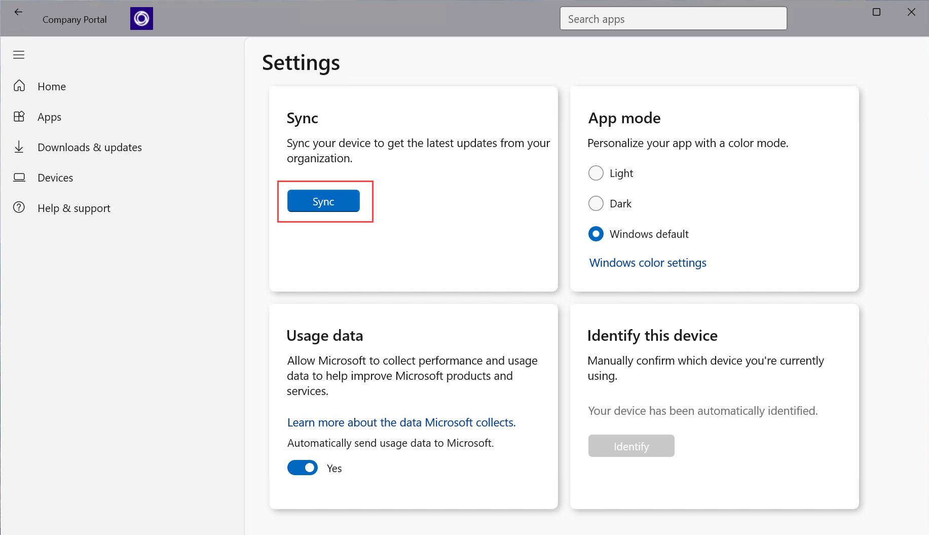 Example screenshot of the Company Portal app, highlighting Sync button.