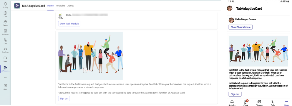 Screenshot of the Tab Adaptive Card output after you have successfully completed the step-by-step guide.