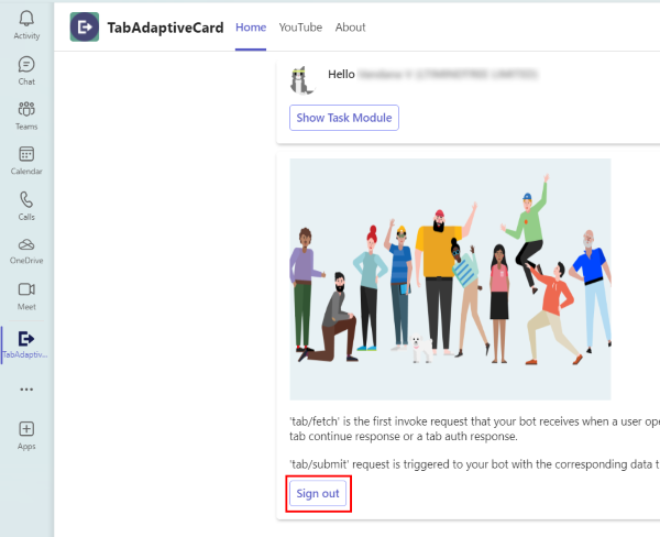 Screenshot of TabAdaptiveCard with Sign out option highlighted in red.