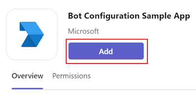 Screenshot of app details dialog to add bot configuration sample app.