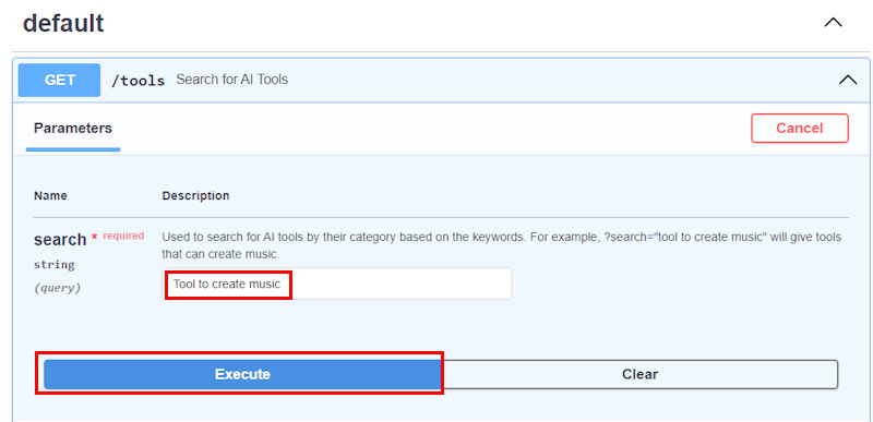 Screenshots shows the parameters, its values and the **EXECUTE** option in the swagger editor.