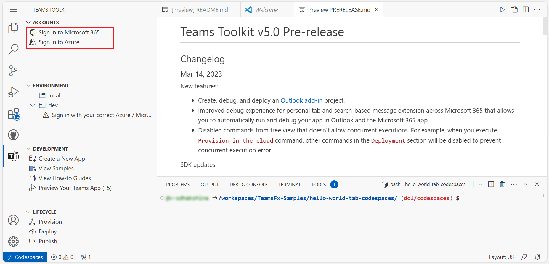 Screenshot shows you the Teams Toolkit window in browser to sign in.