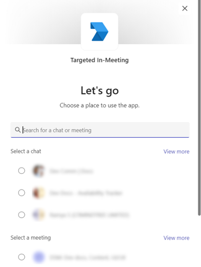 Screenshot of the Targeted notification app scope selection dialog to select the meeting.