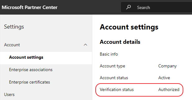 Partner Center verification status