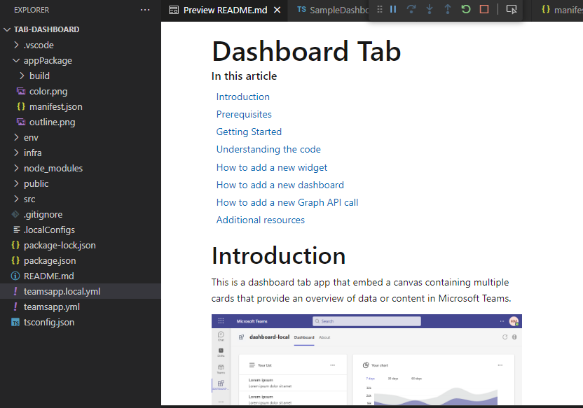 Screenshot shows the teams tab app dashboard preview in Visual Studio Code.