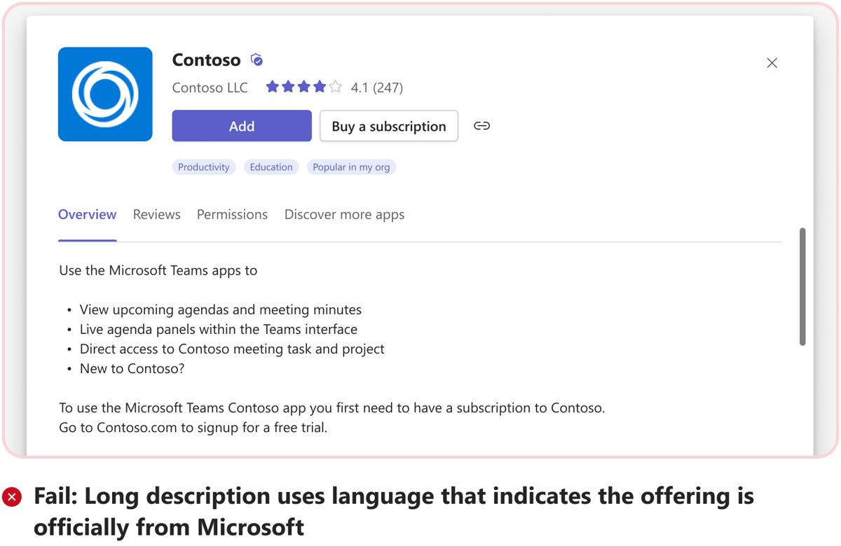 Graphic shows an example of how not to indicate Microsoft offering in app description.