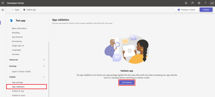 Screenshot shows you the App validation in Teams developer portal.