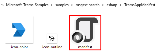 Screenshot of Teams App Manifest folder with the file path and manifest file highlighted in red.