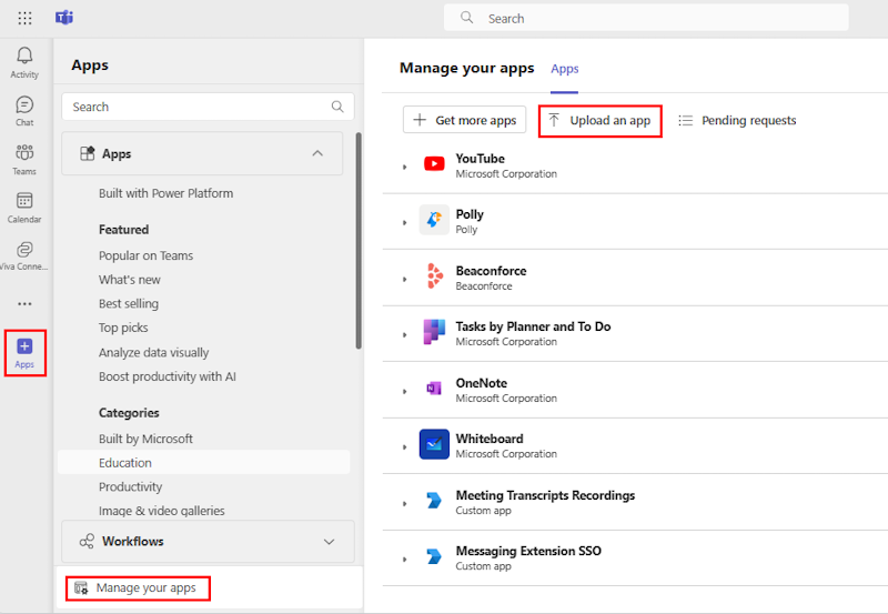 Screenshot shows the option to select upload an app in Teams manage your apps.