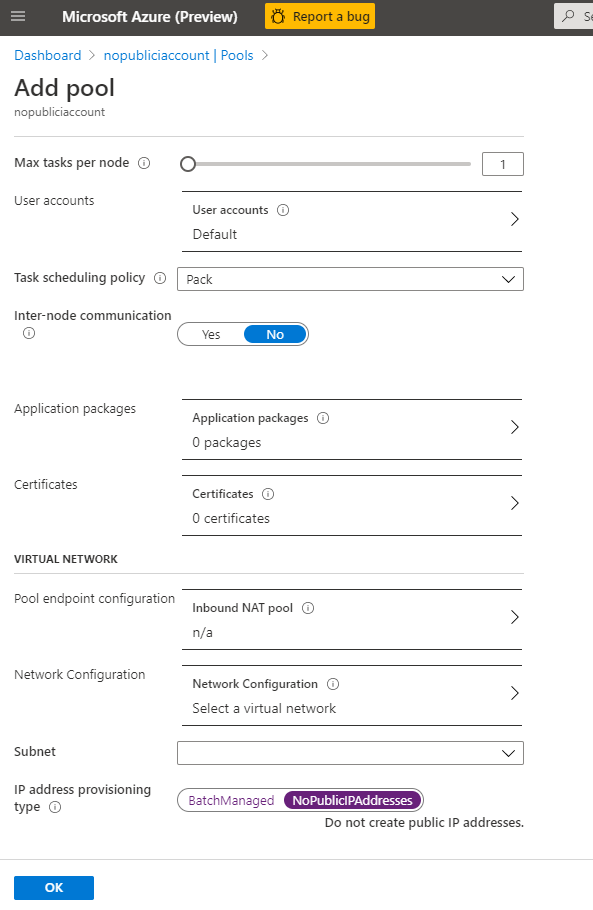 Screenshot of the Add pool screen with NoPublicIPAddresses selected.