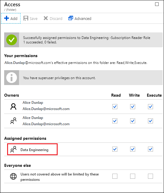 Screenshot of the Access blade with the Data Engineering option called out.