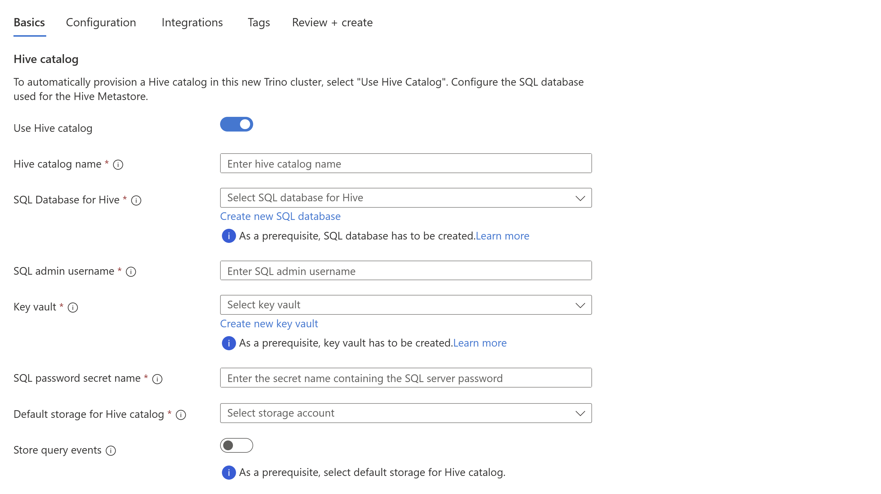 Screenshot showing basic tab of create Trino Hive catalog.