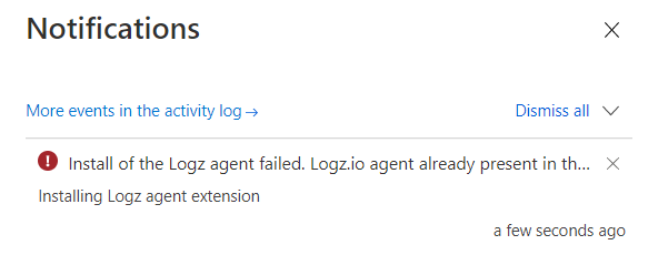 Screenshot of a notification that shows the virtual machine agent installation failed.