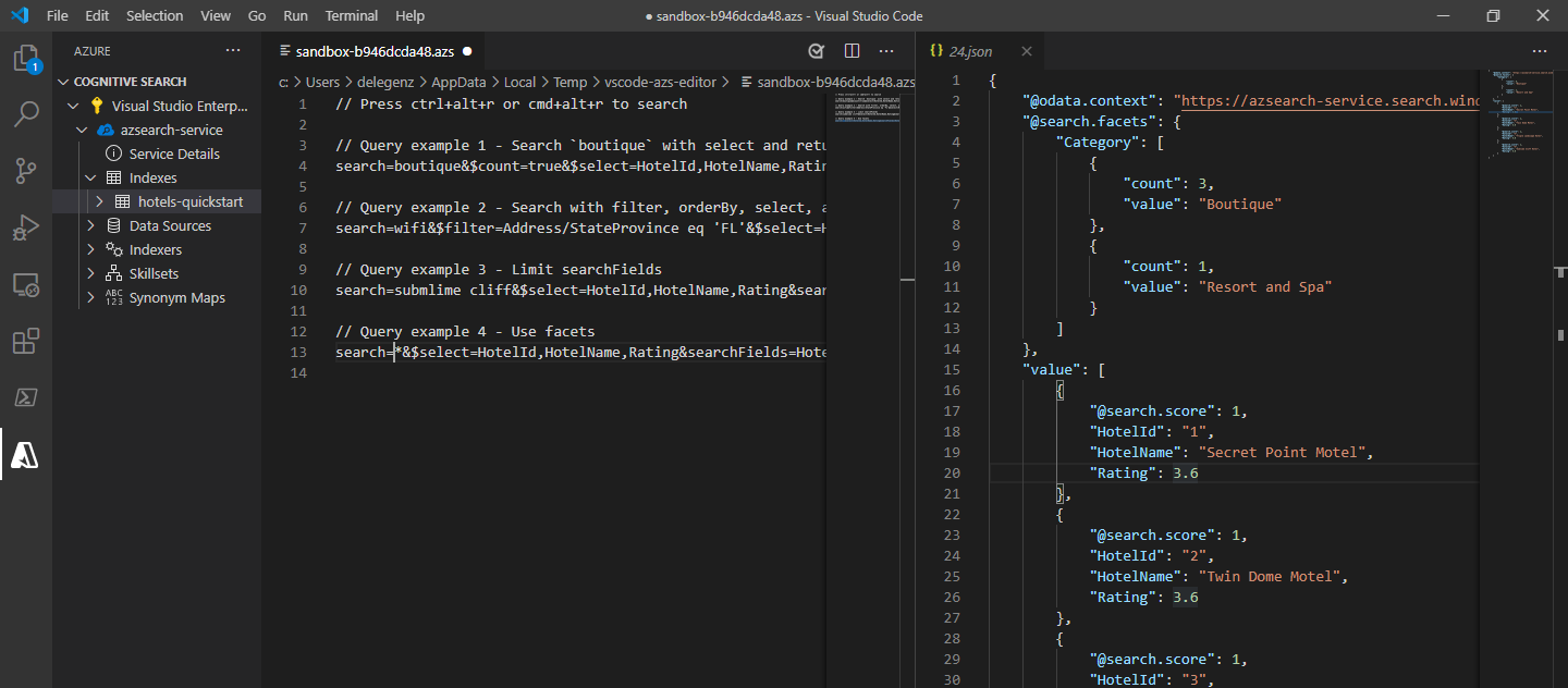 queries and results side-by-side