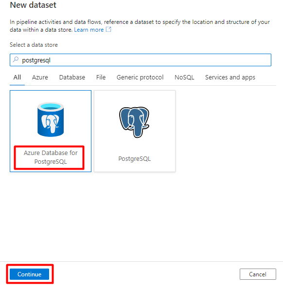 Screenshot showing how to choose PostgreSQL data store for a Dataset in Azure Data Factory.