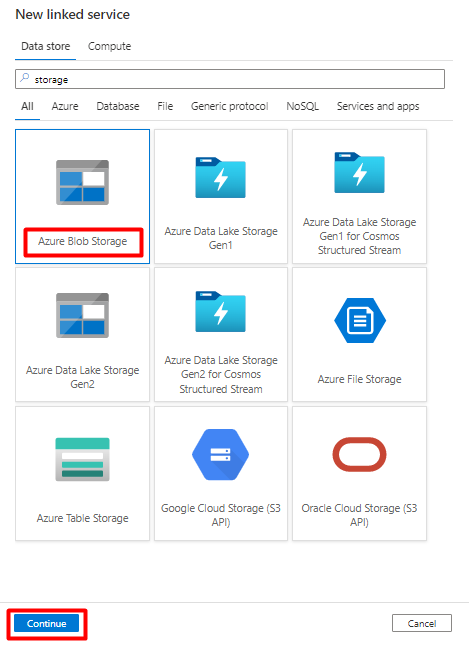 Screenshot showing how to choose New Linked Blob Storage Service to use as sink for Snowflake in Azure Data Factory.