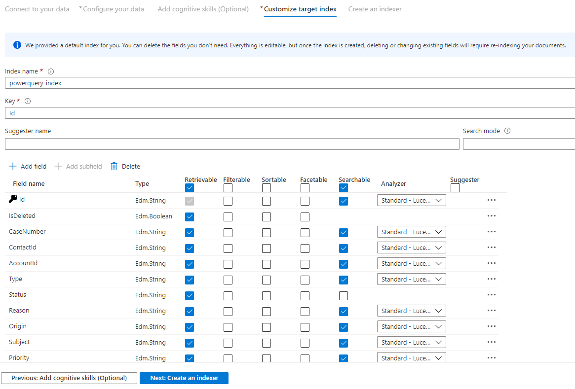 Screenshot of Create your index page.