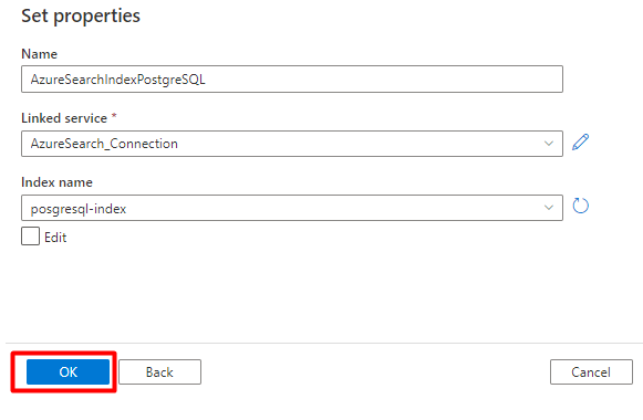 Screenshot showing how to fill out Set Properties for search dataset.