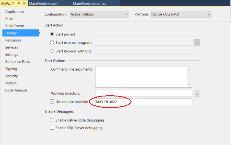 Screenshot of the Debug tab in the Visual Studio Project Properties. The Use remote machine property is set to 'MJO-DL:4022'.