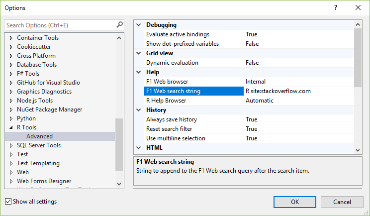 Options dialog for R Tools