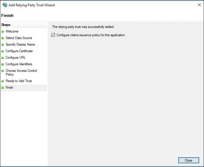 Screenshot of the Finish page of the Add Relying Party Trust Wizard.