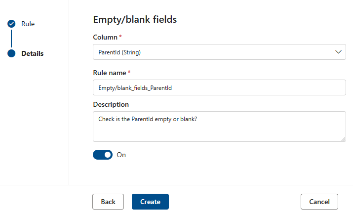 Screenshot of the menu to create an empty or blank field rule.