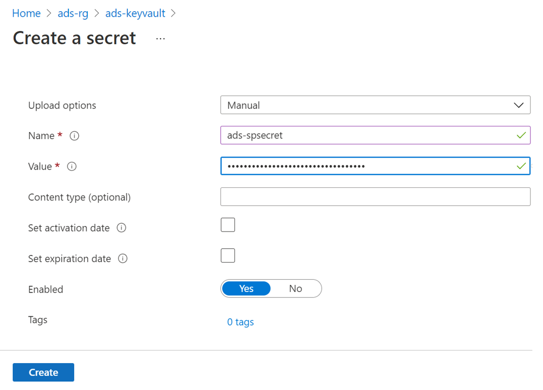 Screenshot that shows the Key vault to create a secret.