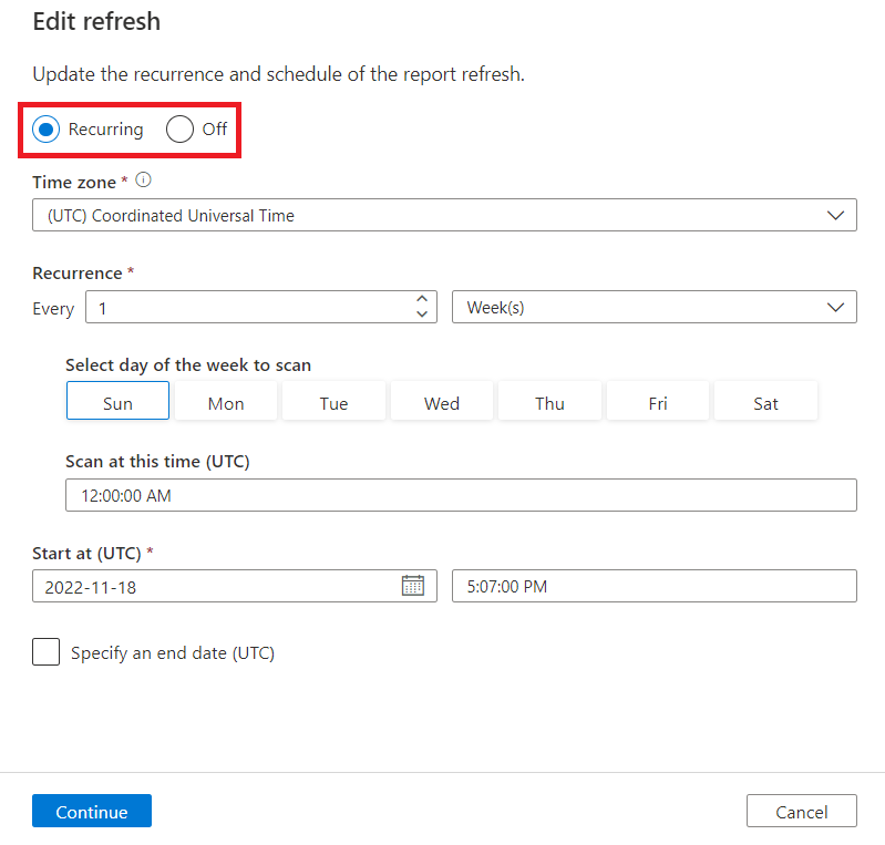 Screenshot of the Data Estate Insights edit page, with the Recurring radio button highlighted and set to Recurring.