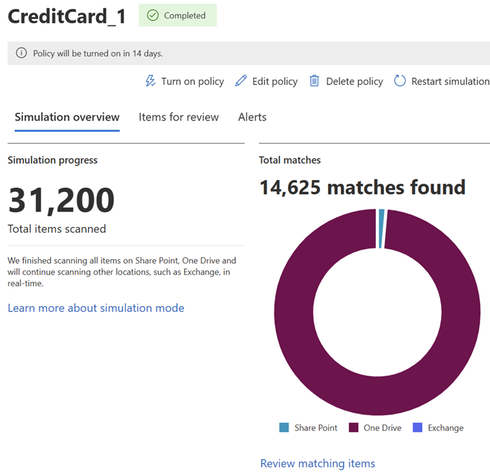 a screenshot of the simulation overview tab. It shows the progress of the simulation, total items scanned, and total matches and presents other controls