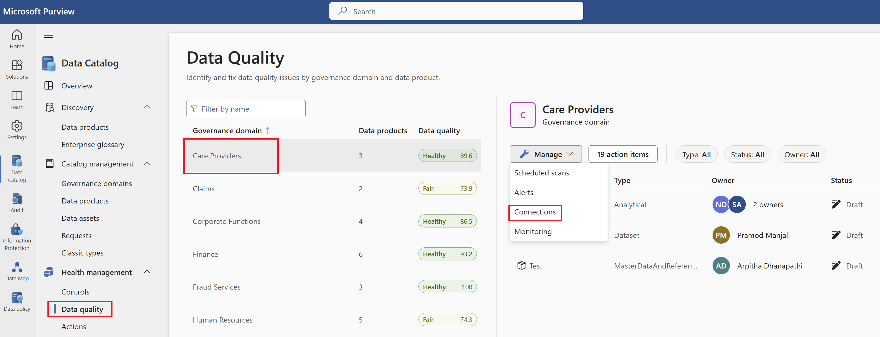 Screenshot of the connections page in Microsoft Purview Data Quality.