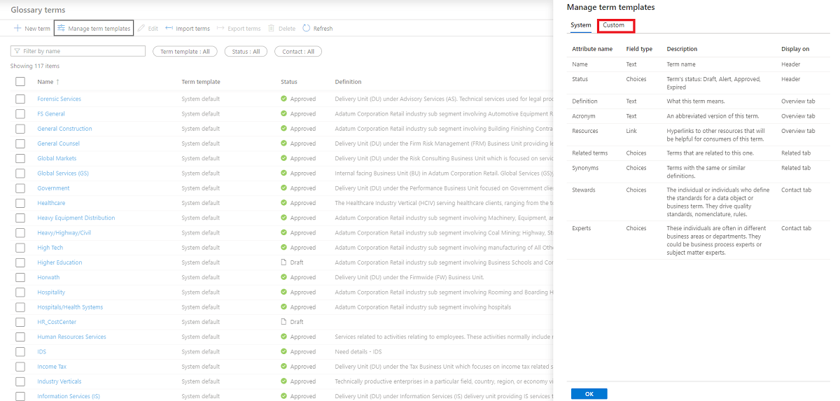 Screenshot of Glossary terms > Manage term templates page.