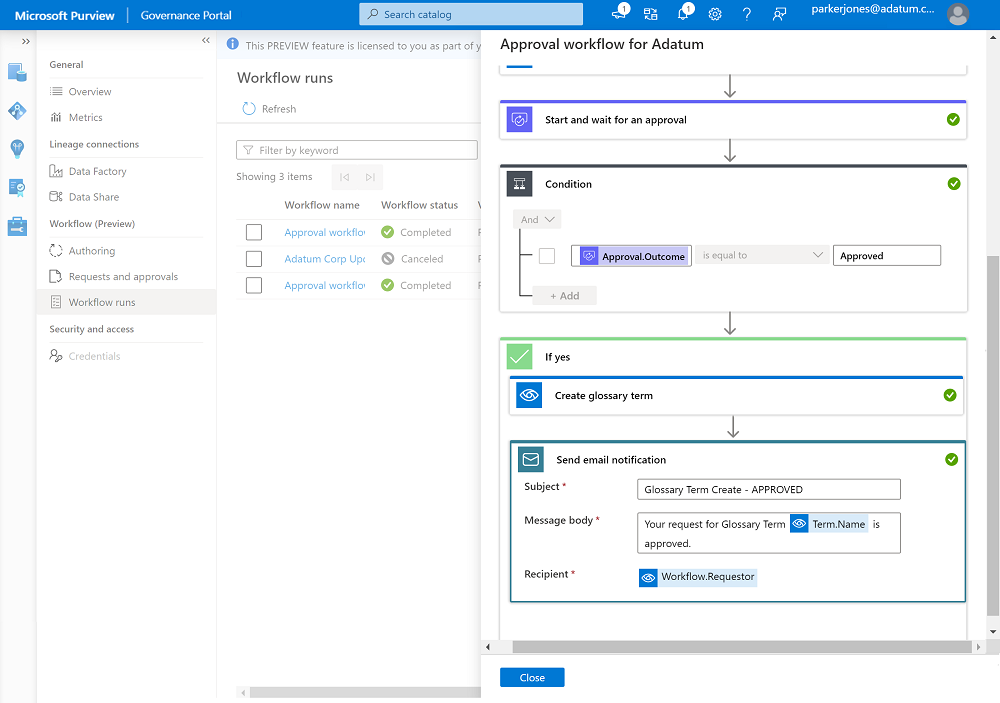 Screenshot of the workflow runs page, with the workflow details page overlaid. Some workflow run actions in the request timeline have been expanded to show more information and sub steps.