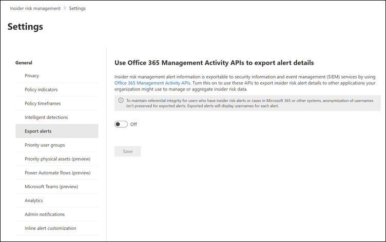 Insider risk management export alert settings.