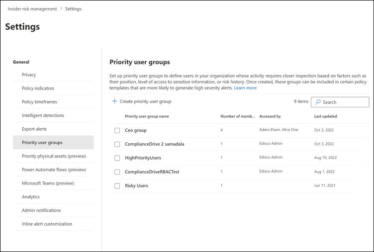 Insider risk management priority user group settings