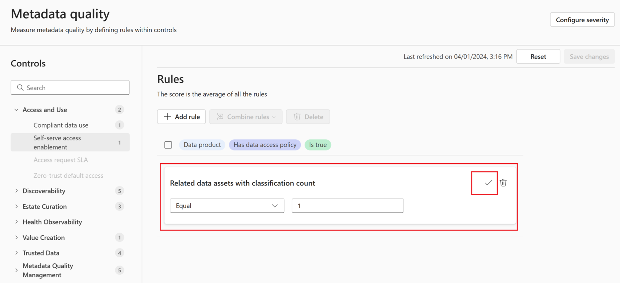 Screenshot of a new metadata quality rule, adding the final logic steps to resolve the rule.