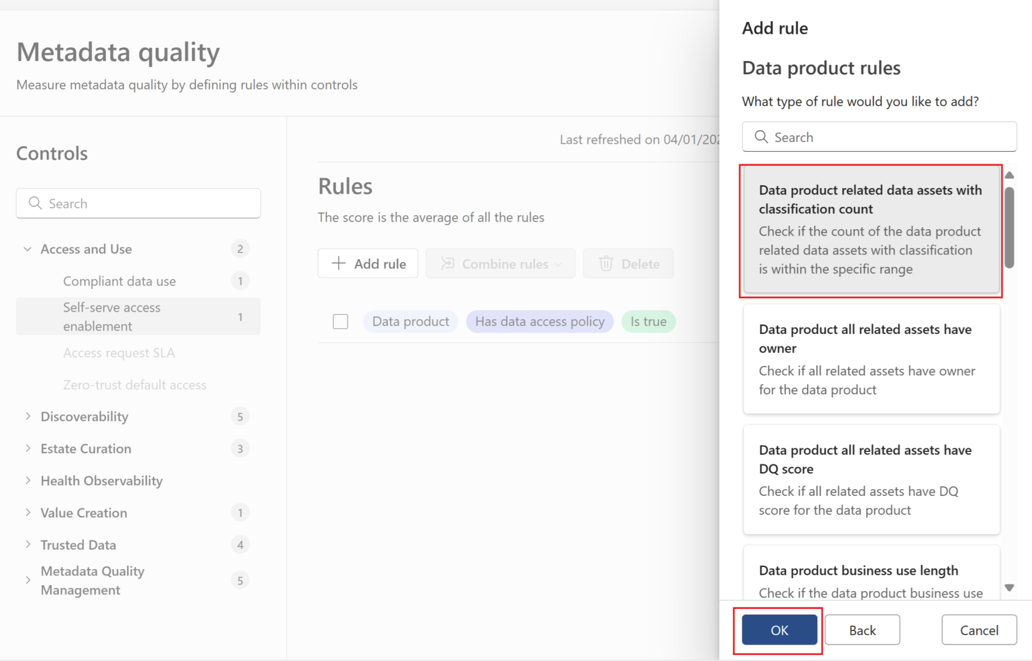 Screenshot of the metadata quality new rule menu with a rule selected.