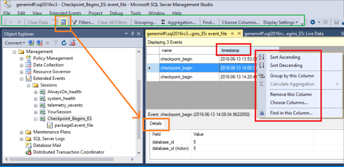 Screenshot showing right-click a column header, in the data display, or details grid.