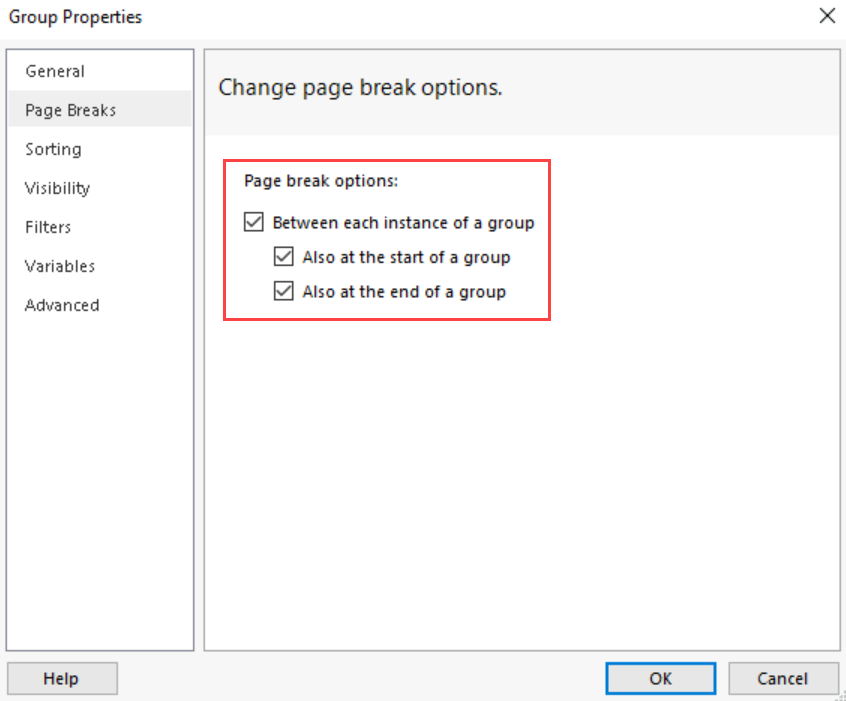 Screenshot of the Group Properties dialog box on the Page Breaks tab highlighting the Page break options.