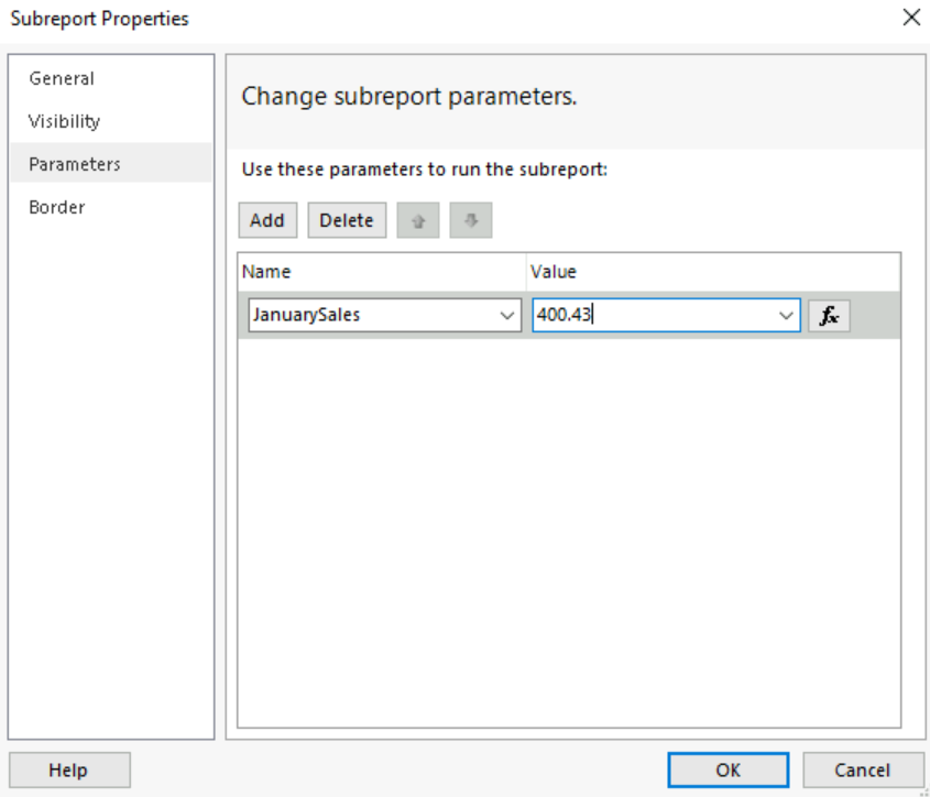 Screenshot of the Subreport Properties dialog box showing one example parameter on the Parameters tab.