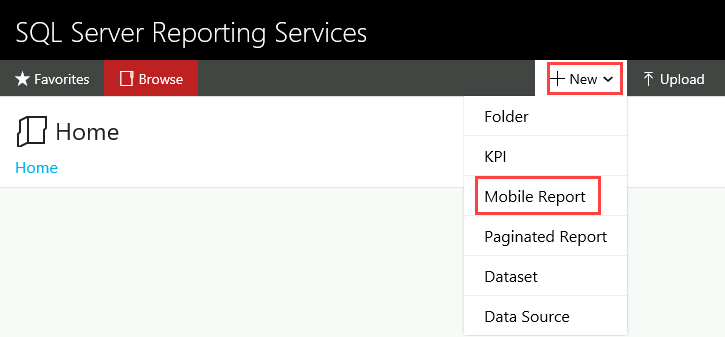 Screenshot of the web portal that shows the New menu options. The New menu and the Mobile Report option are highlighted.