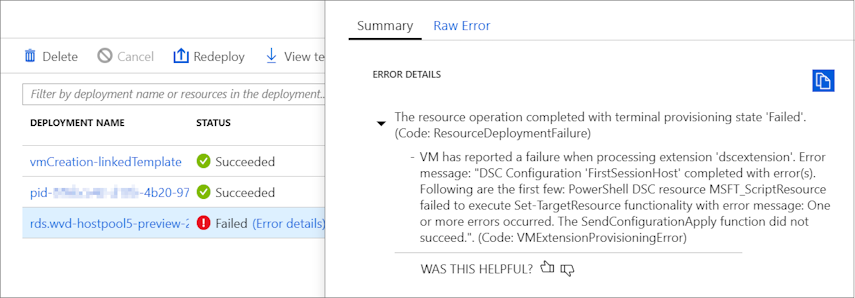 Screenshot of deployment fail with PowerShell DSC Configuration 'FirstSessionHost' completed with errors.