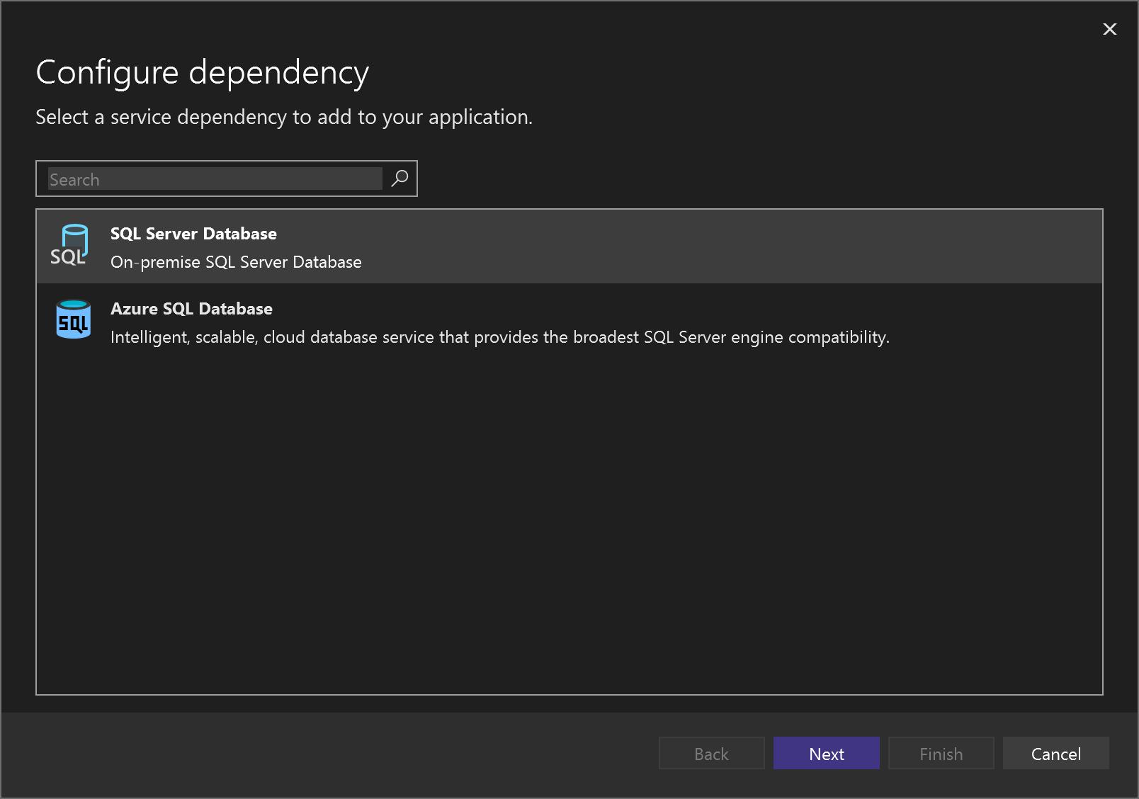 Screenshot showing the options presented to replace the SQL LocalDB service with a real database connection.