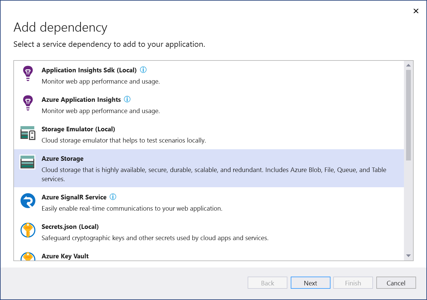 Screenshot showing "Add Azure Storage" screen.